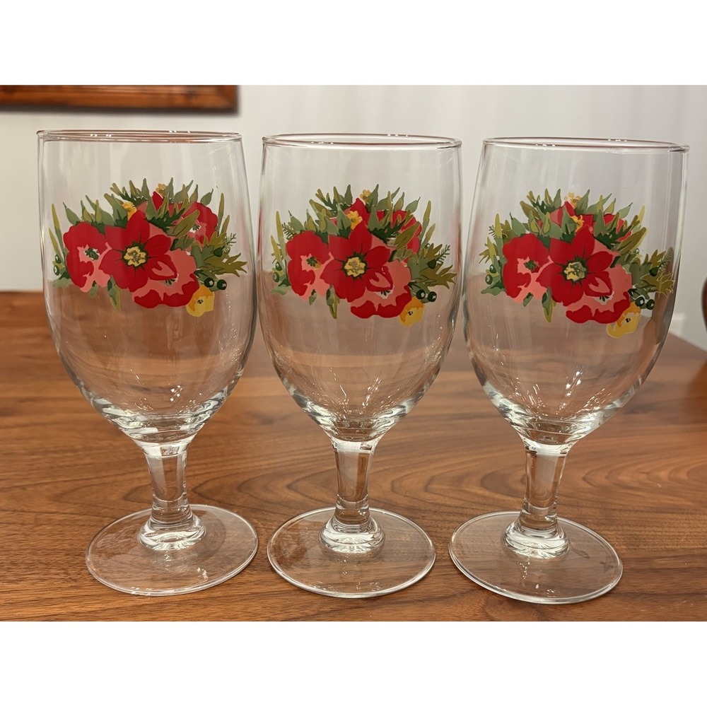 Pioneer Woman Wine Glasses Set of 3 Red Floral Water Goblets Glass 7in